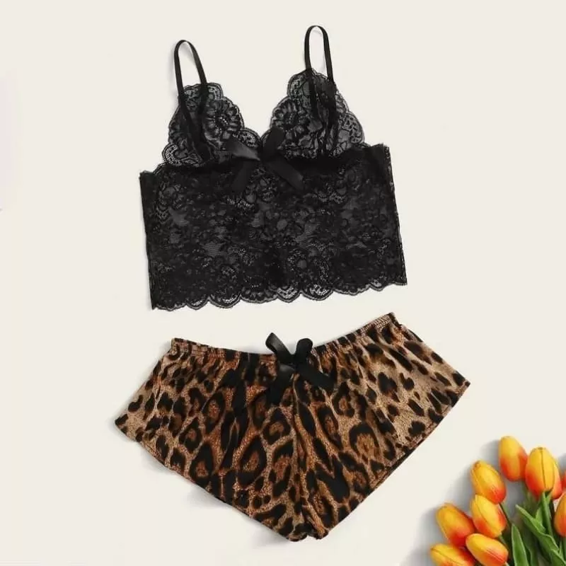 Pyjama Satin Leopard Dentelle