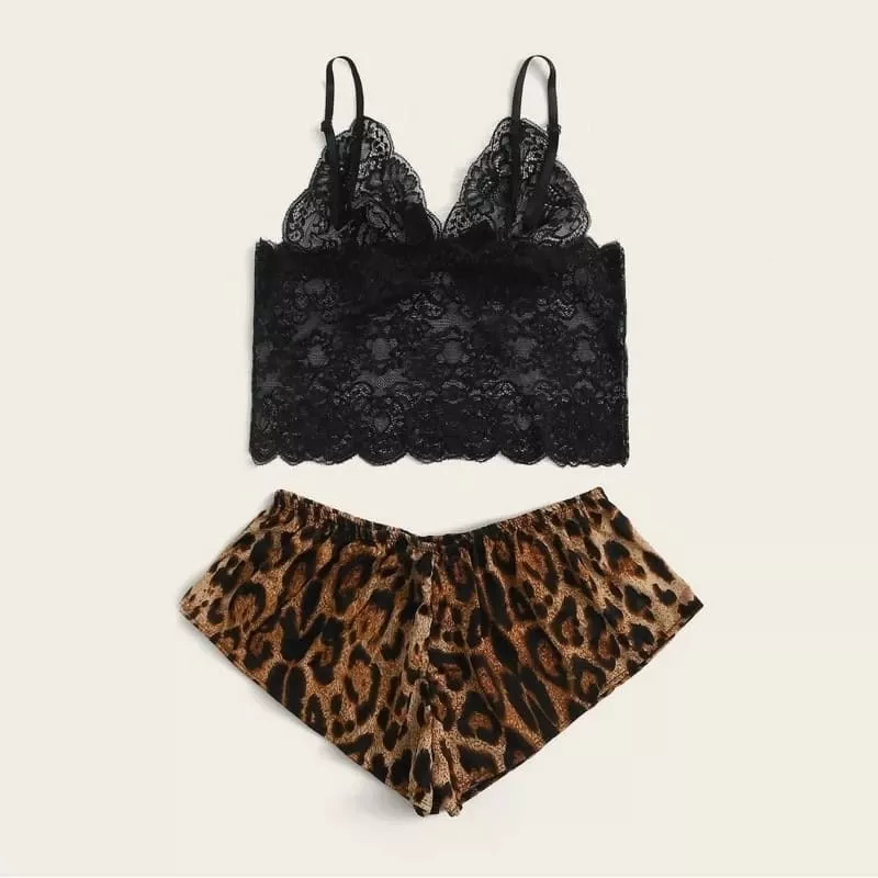 Pyjama Satin Leopard Dentelle