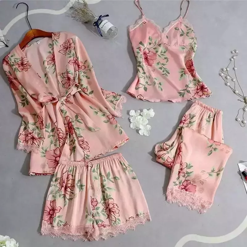 Ensemble Pyjama Satin Rose Fleuri