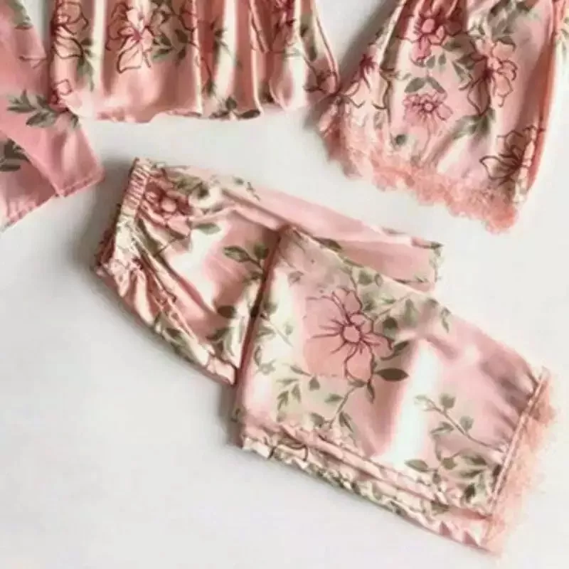 Ensemble Pyjama Satin Rose Fleuri