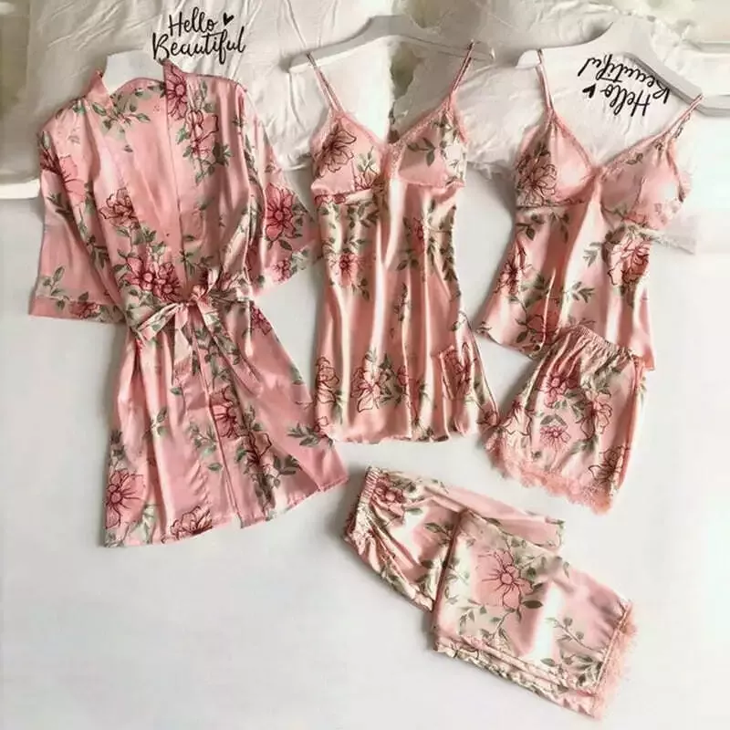 Ensemble Pyjama Satin Rose Fleuri