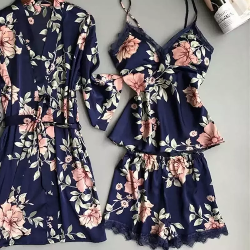 Ensemble Pyjama Satin Femme Bleu Marine Fleuri