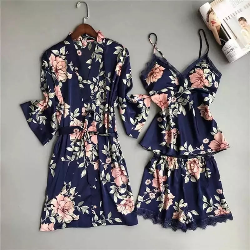 Ensemble Pyjama Satin Femme Bleu Marine Fleuri