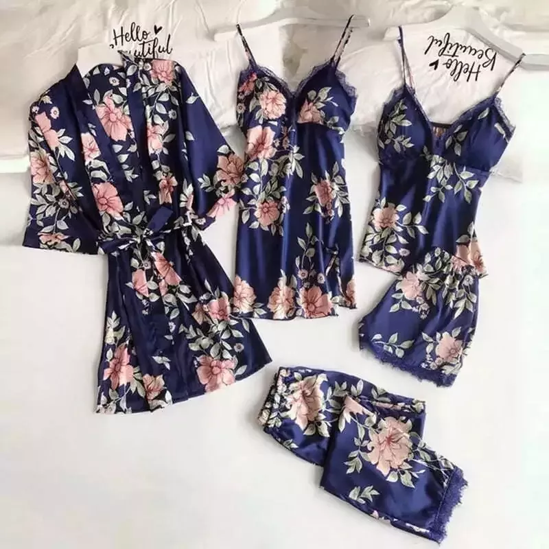 Ensemble Pyjama Satin Femme Bleu Marine Fleuri