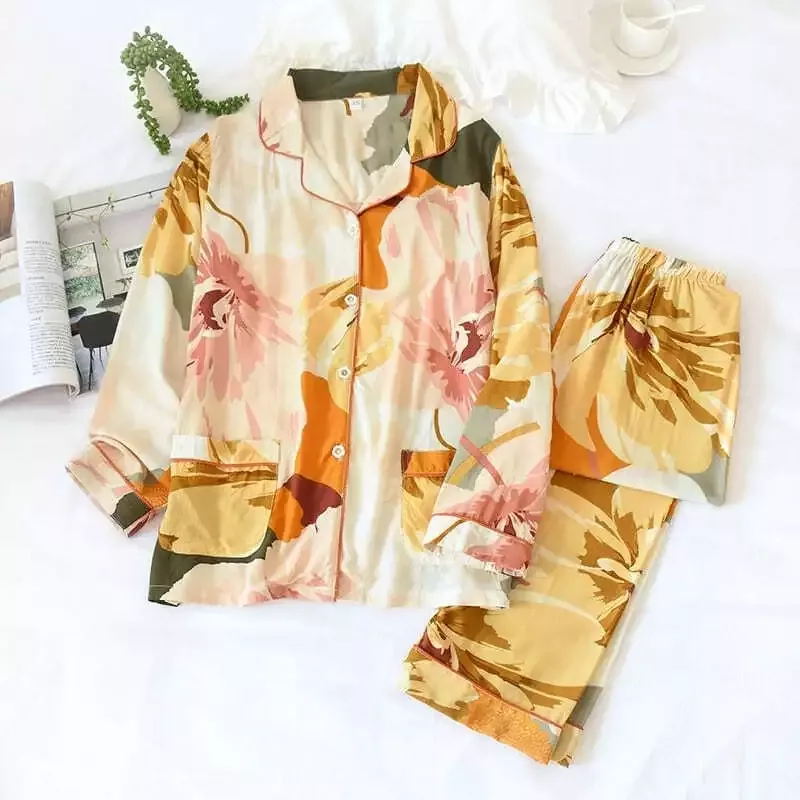 Pyjama Fleuri Satin Femme Jaune