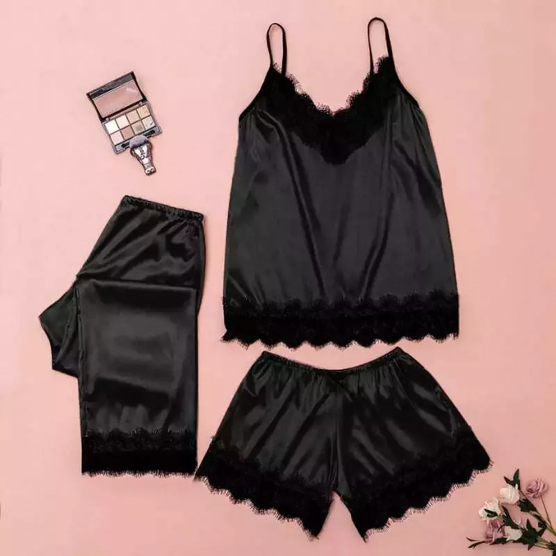 Ensemble Pyjama Court Satin Noir