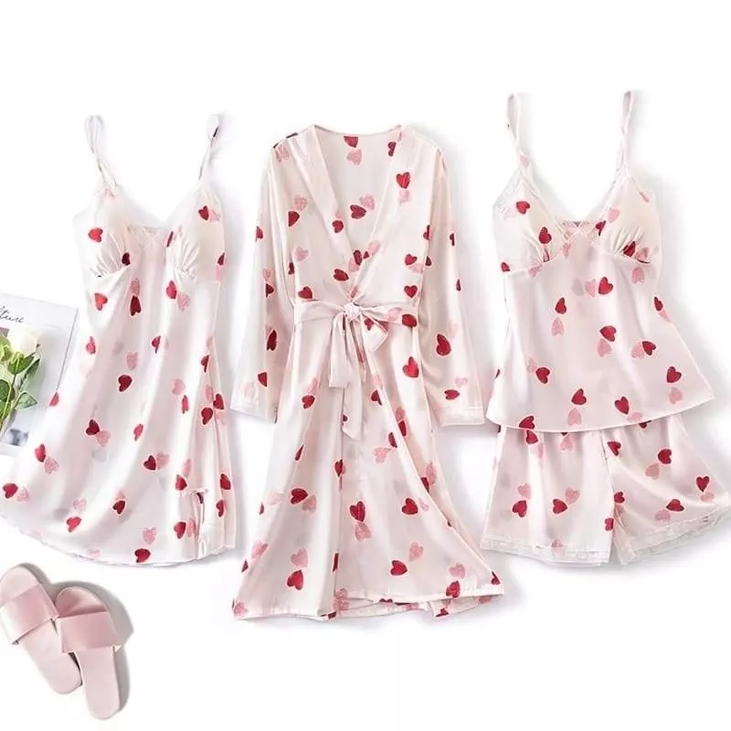 Ensemble Pyjama Satin Rose Coeur