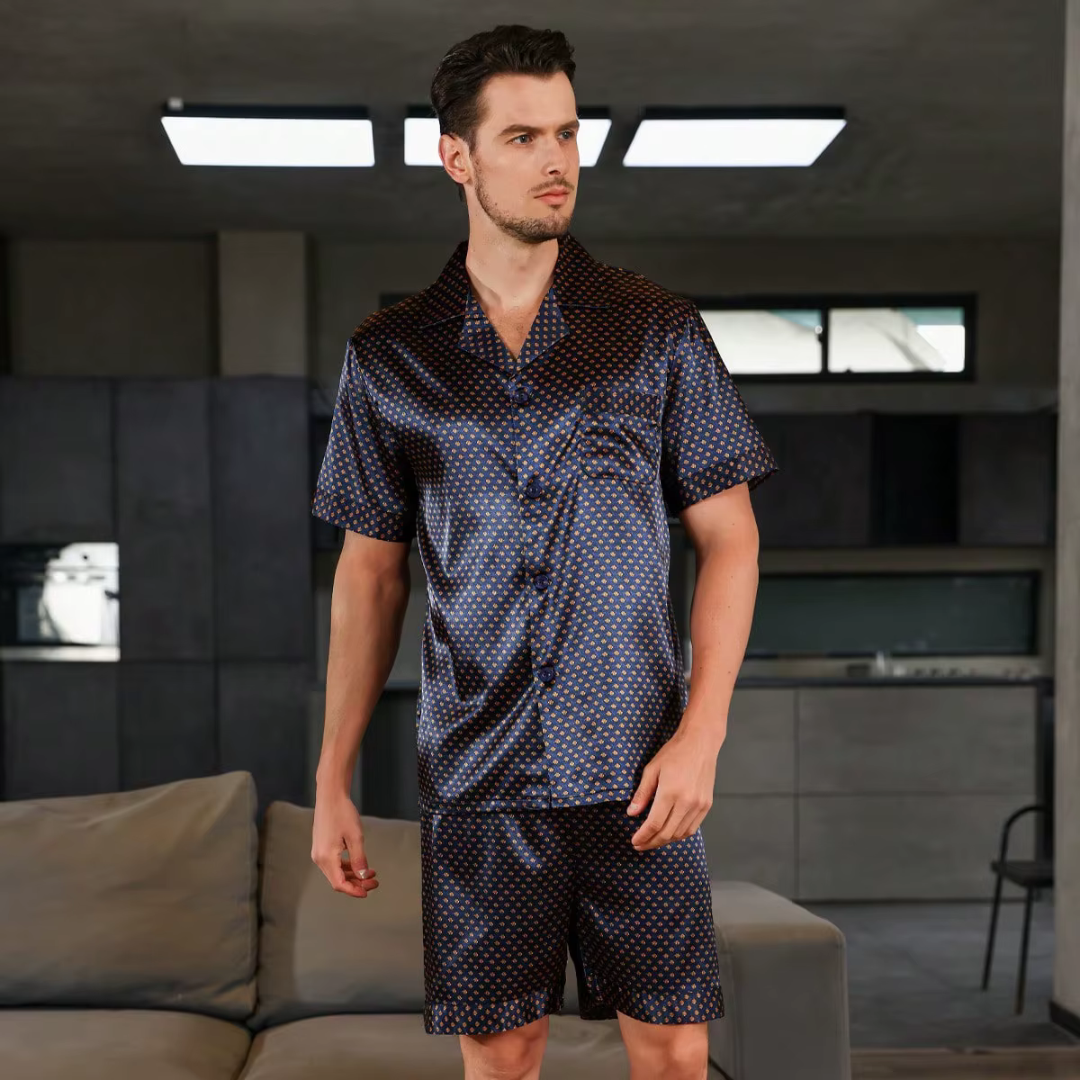 Pyjashort Homme Satin Imprimé – Ensemble Été Chemise & Short