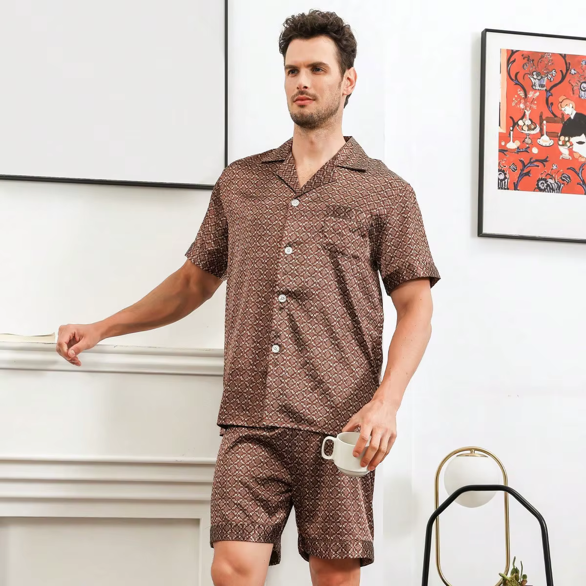 Pyjashort Homme Satin Imprimé – Ensemble Été Chemise & Short