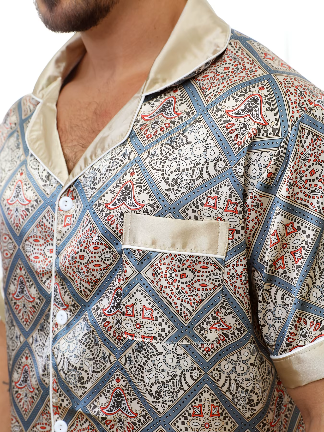 Pyjama Satin Homme Été 2 Pièces – Manches Courtes Col Revers Imprimé