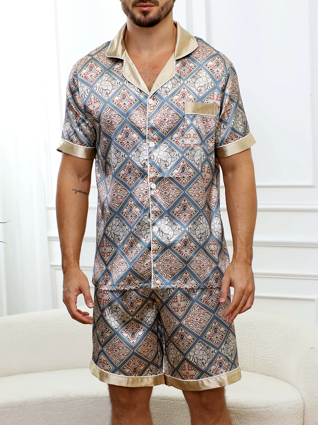 Pyjama Satin Homme Été 2 Pièces – Manches Courtes Col Revers Imprimé