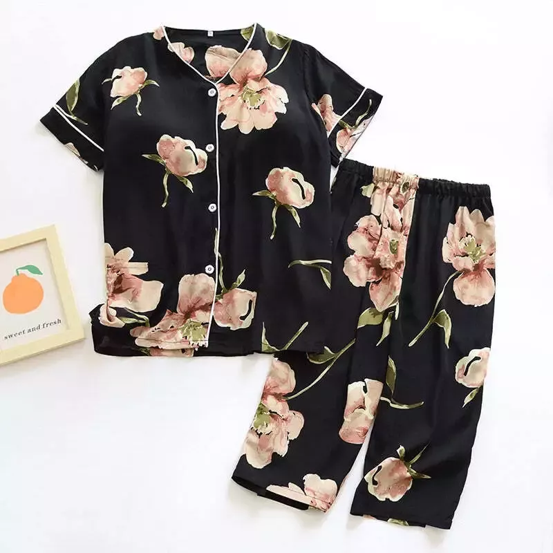 Pyjama satin noir manches courtes
