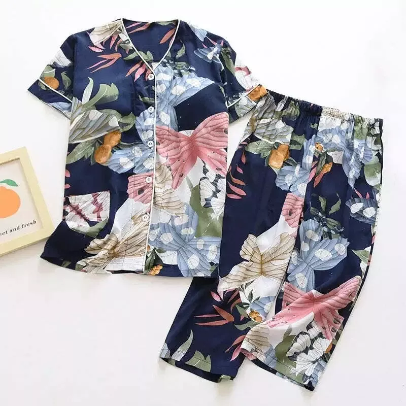 Pyjama satin bleu à motifs manches courtes