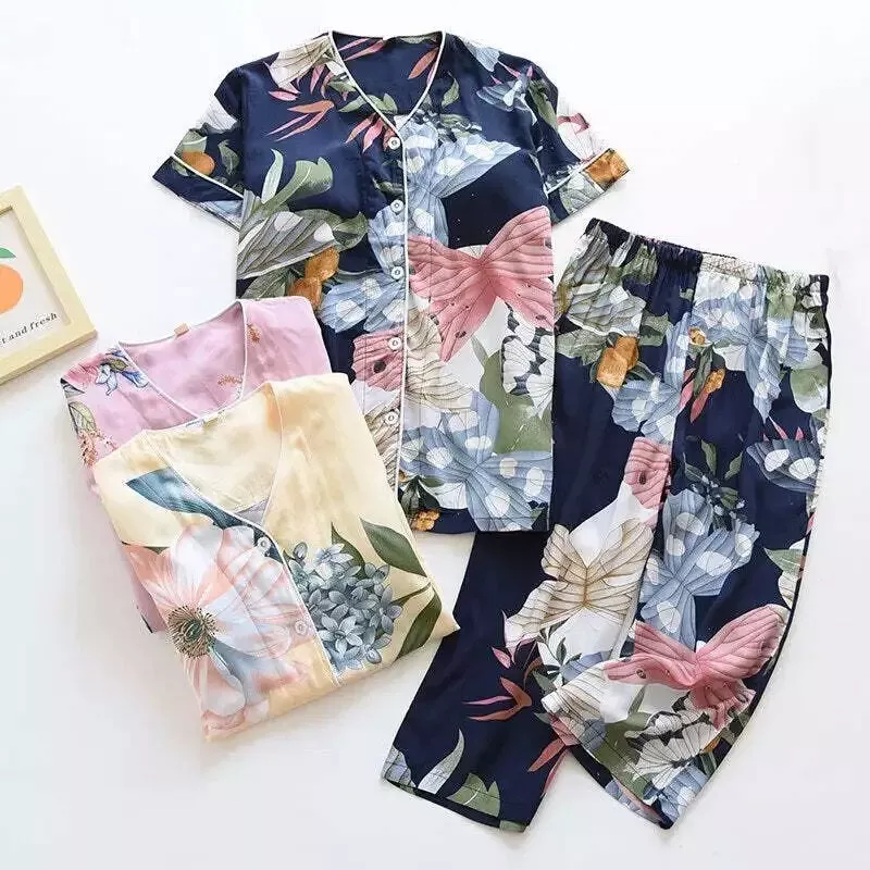Pyjama satin bleu à motifs manches courtes