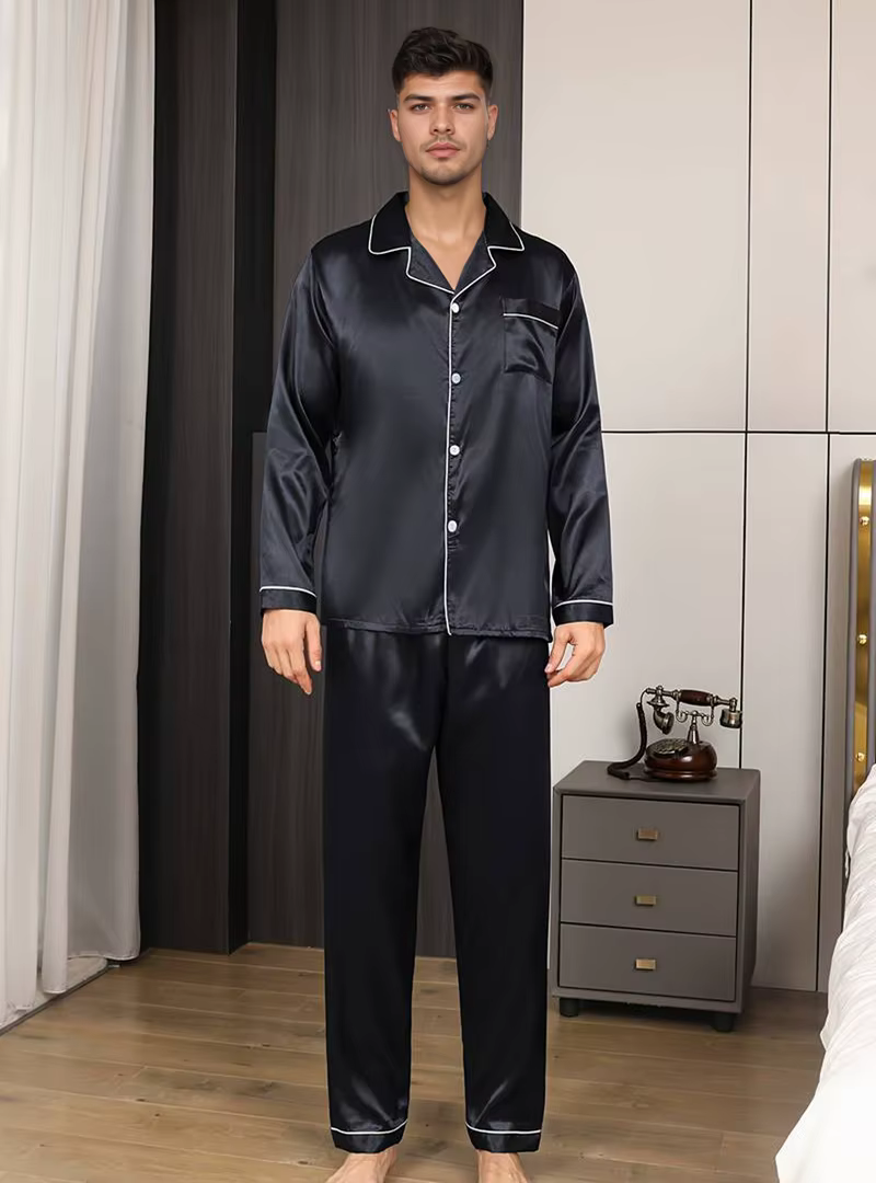 Pyjama Satin Homme Uni – Manches Courtes Col Revers, Pantalon Long