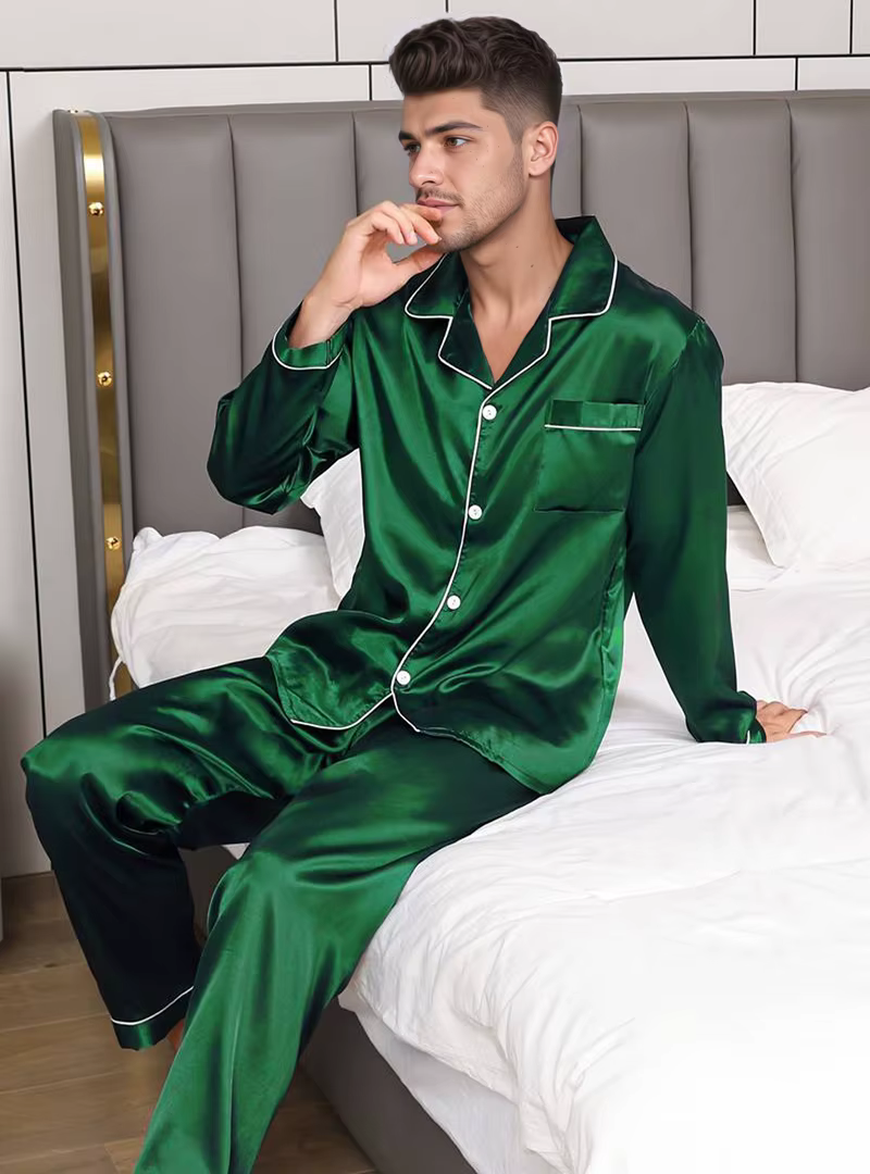 Pyjama Satin Homme Uni – Manches Courtes Col Revers, Pantalon Long