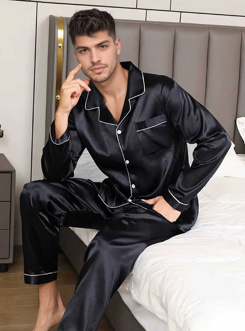 Pyjama Satin Homme Uni – Manches Courtes Col Revers, Pantalon Long