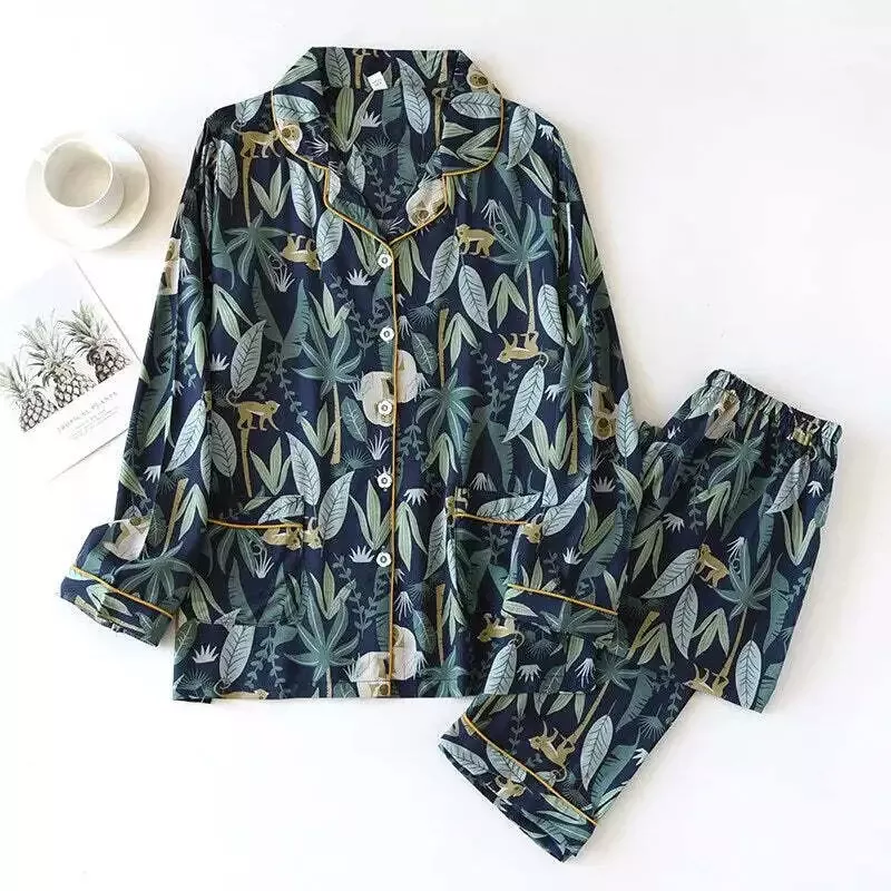 Pyjama satin vert et bleu