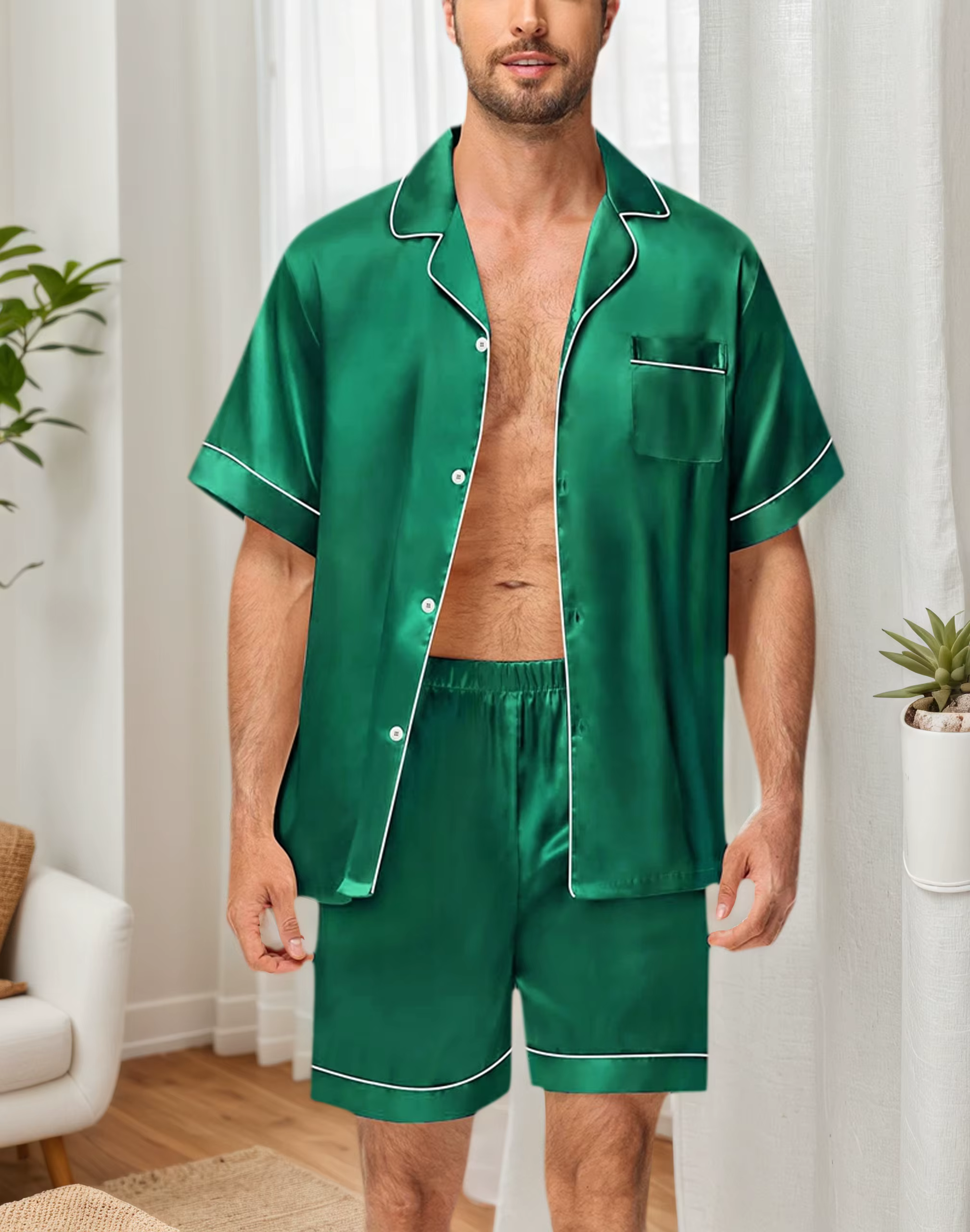 Pyjashort Satin Homme – Chemise Manches Courtes Col Revers & Short