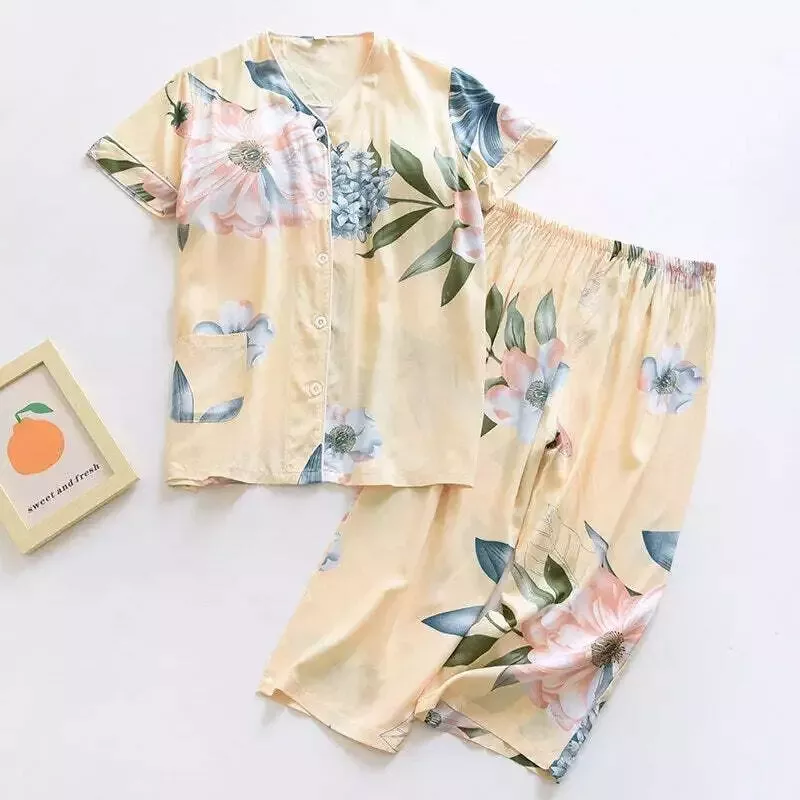 Pyjama satin jaune manches courtes