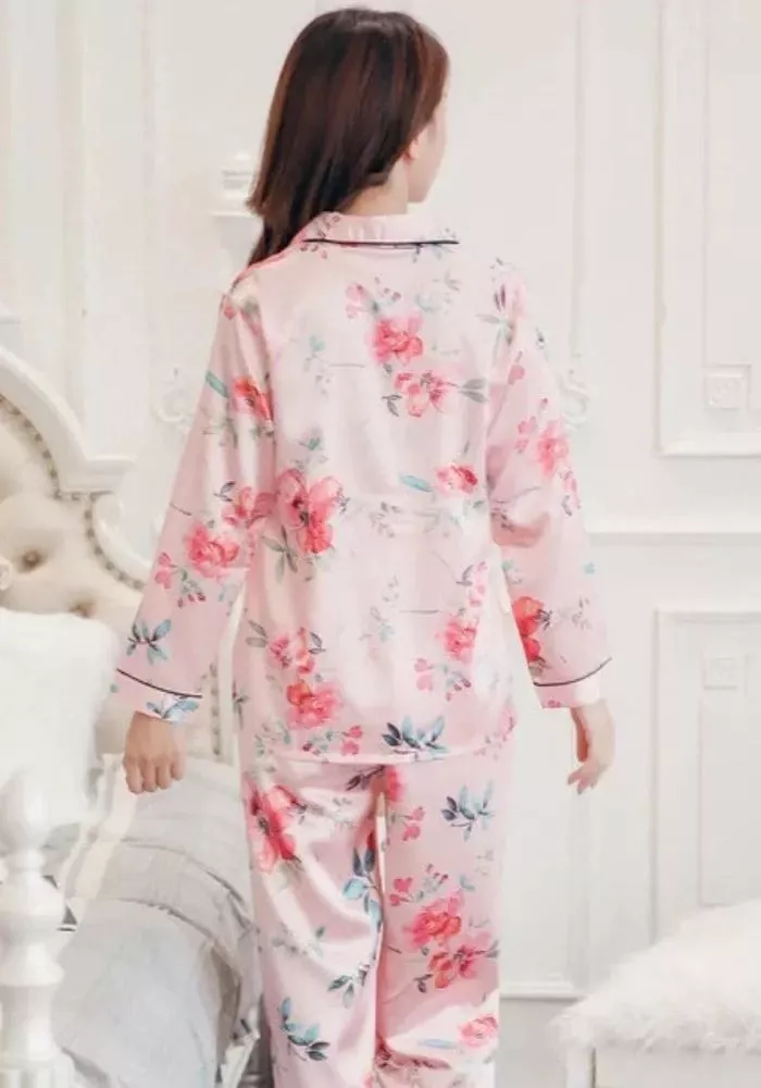 Pyjama Satin Fleuri Rose
