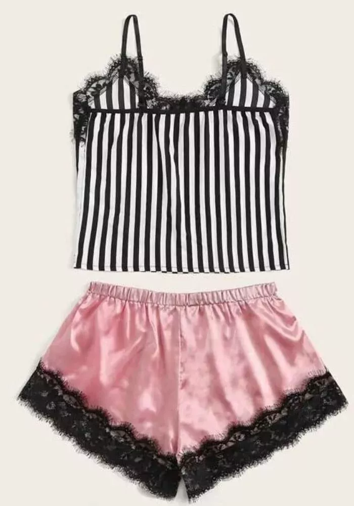 Pyjama Satin Rayé Rose