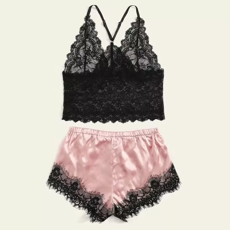 Pyjama Satin Rose Dentelle